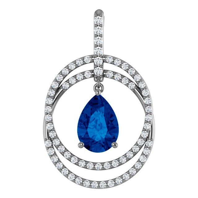 14K White Chatham Created Blue Sapphire and .50 CTW Diamond Pendant Ref 3476640