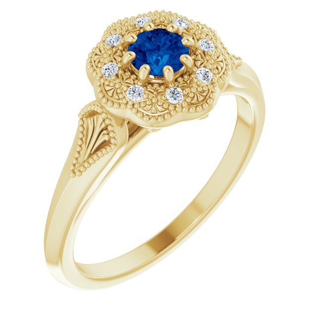 14K Yellow Natural Blue Sapphire & .06 CTW Natural Diamond Ring Vintage-Inspired Halo-Style Ring  