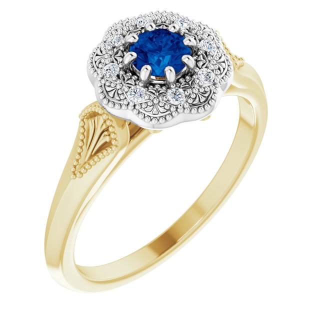 14K Yellow/White Natural Blue Sapphire & .06 CTW Natural Diamond Ring Vintage-Inspired Halo-Style Ring  