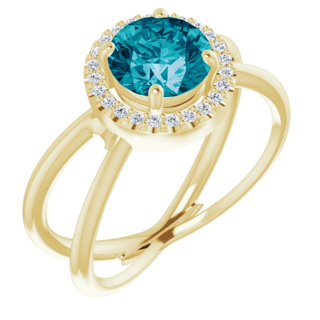 14K Yellow Natural London Blue Topaz & 1/10 CTW Natural Diamond Halo-Style Ring