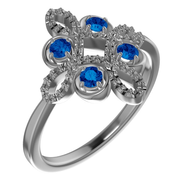 14K White Chatham® Created Blue Sapphire & 1/6 CTW Diamond Clover Ring 