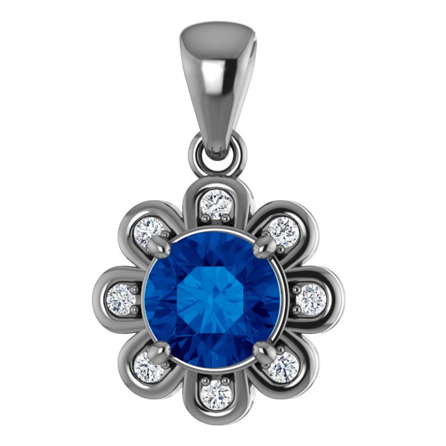 14K White Chatham® Created Blue Sapphire & 1/8 CTW Diamond Pendant