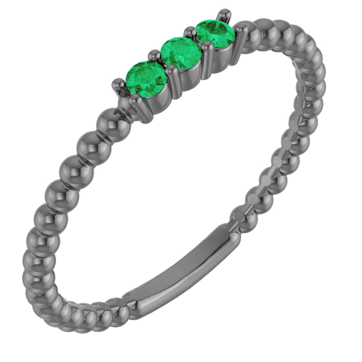 14K White Lab-Grown Emerald Beaded Ring