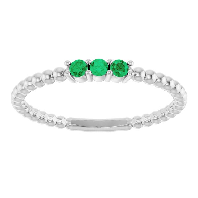14K White Lab-Grown Emerald Beaded Ring