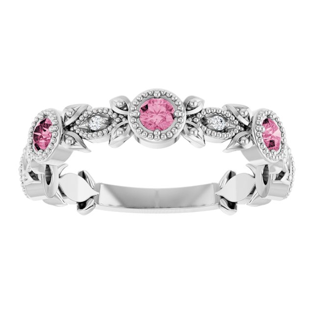 14K White Natural Pink Tourmaline & .03 CTW Natural Diamond Leaf Ring
