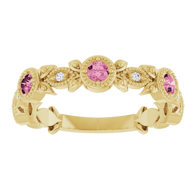 14K Yellow Natural Pink Tourmaline & .03 CTW Natural Diamond Leaf Ring