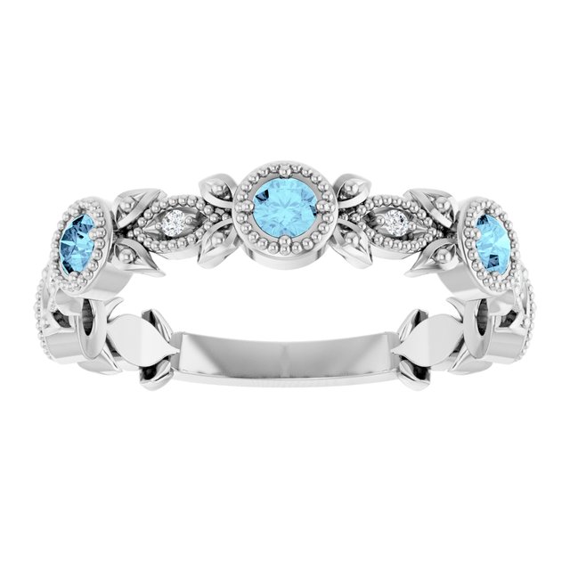 14K White Aquamarine & .03 CTW Diamond Leaf Ring