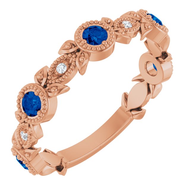 14K Rose Blue Sapphire & .03 CTW Diamond Leaf Ring