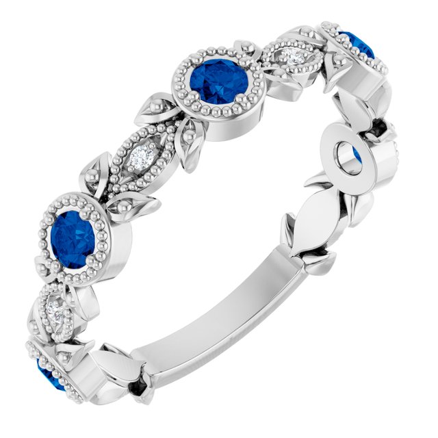 14K White Lab-Grown Blue Sapphire & .03 CTW Diamond Ring