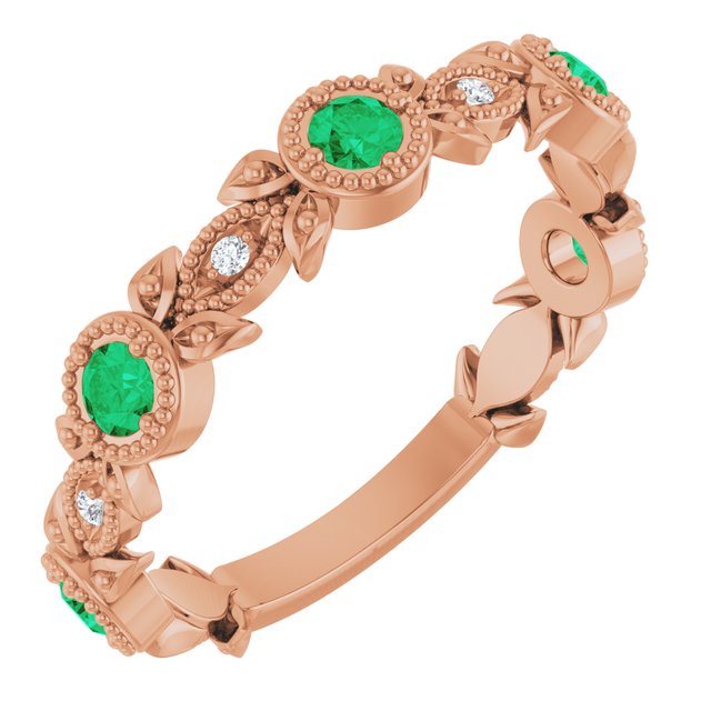14K Rose Lab-Grown Emerald & .03 CTW Diamond Ring