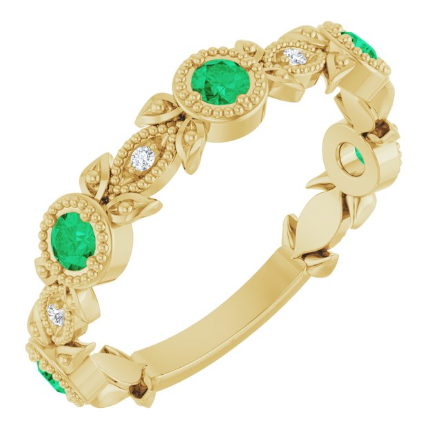 14K Yellow Emerald & .03 CTW Diamond Leaf Ring