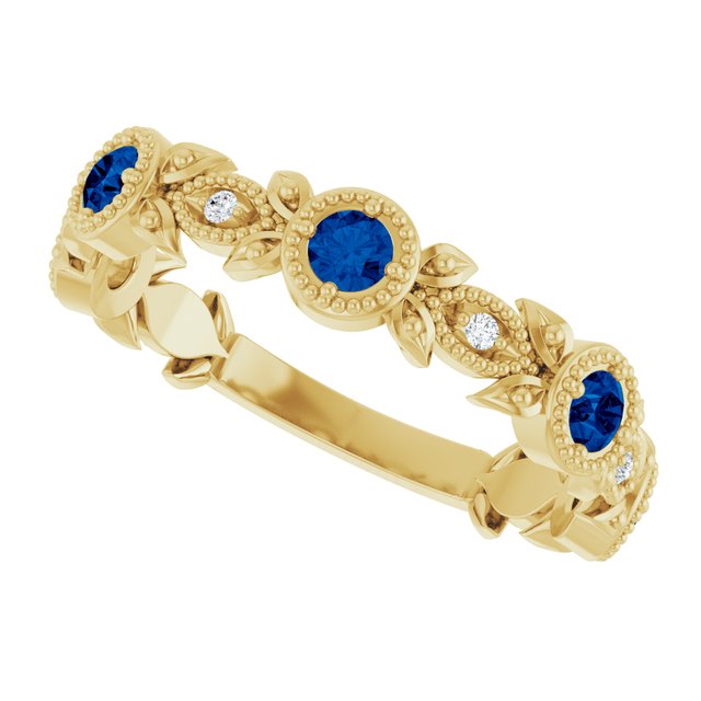 14K Yellow Blue Sapphire & .03 CTW Diamond Leaf Ring              