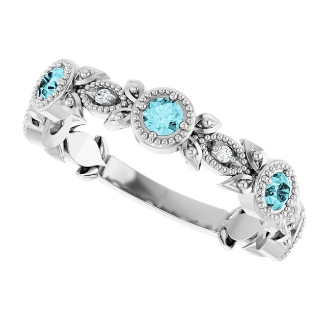14K White Blue Zircon & .03 CTW Diamond Leaf Ring          