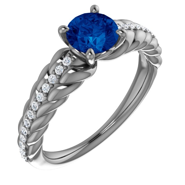 14K White Lab-Grown Blue Sapphire & 1/8 CTW Diamond Ring    
