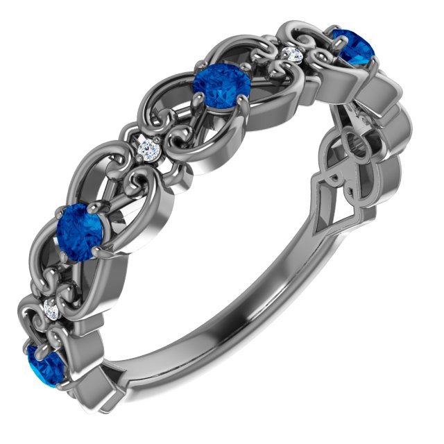 14K White Chatham® Created Blue Sapphire & .02 CTW Diamond Vintage-Inspired Scroll Ring   