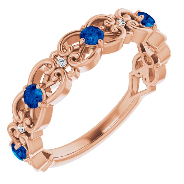 14K Rose Natural Blue Sapphire & .02 CTW Natural Diamond Scroll Ring