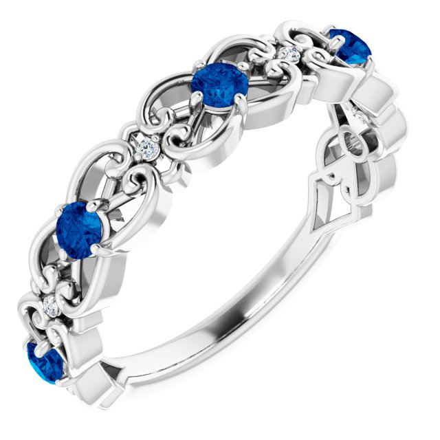14K White Lab-Grown Blue Sapphire & .02 CTW Natural Diamond Scroll Ring