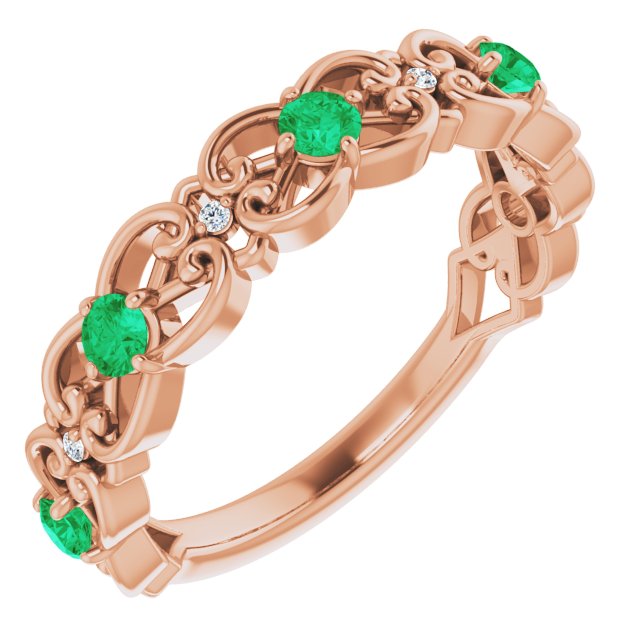 14K Rose Lab-Grown Emerald & .02 CTW Natural Diamond Scroll Ring