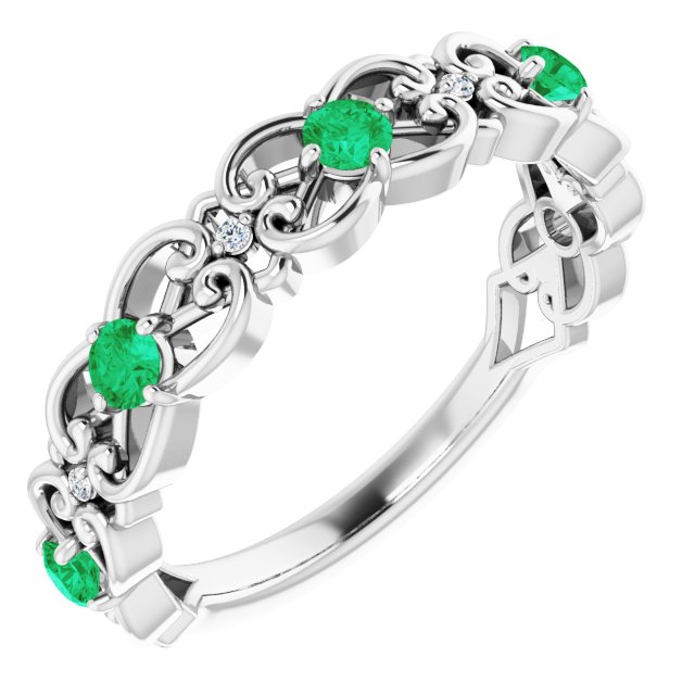 14K White Natural Emerald & .02 CTW Natural Diamond Scroll Ring