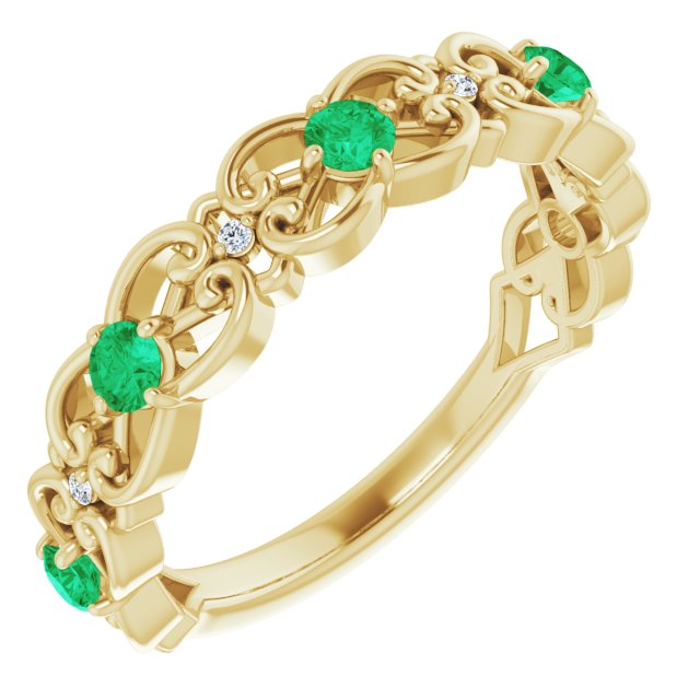 14K Yellow Lab-Grown Emerald & .02 CTW Natural Diamond Scroll Ring