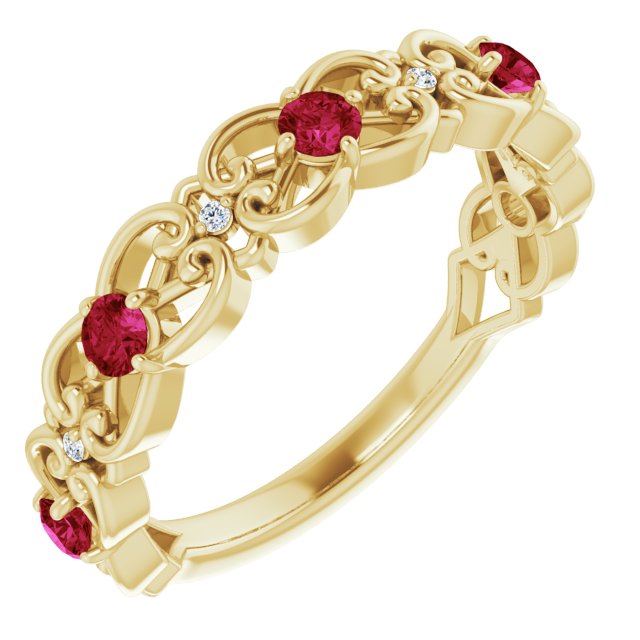 14K Yellow Chatham® Created Ruby & .02 CTW Diamond Vintage-Inspired Scroll Ring