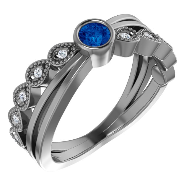 14K White Lab-Grown Blue Sapphire & .05 CTW Diamond Ring