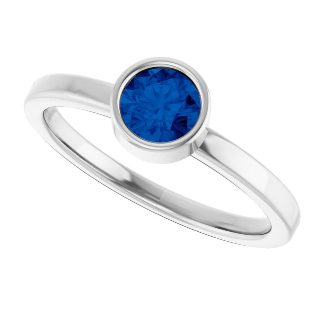 14K White 5 mm Round Lab-Grown Blue Sapphire Ring