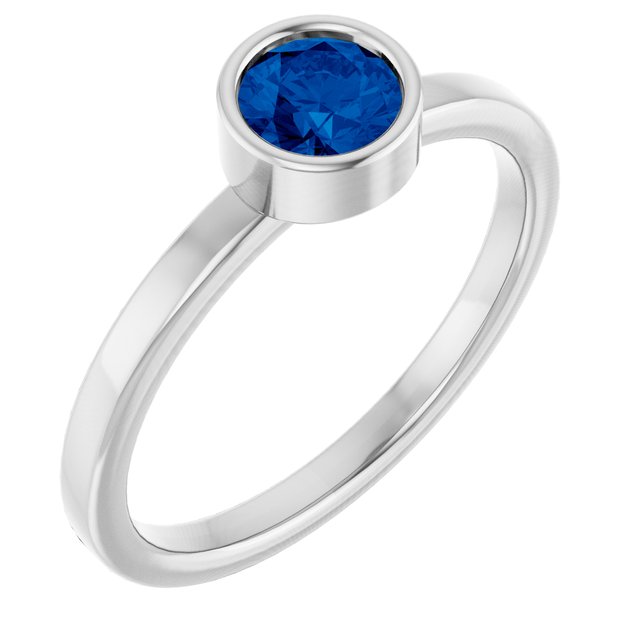 14K White 5 mm Round Lab-Grown Blue Sapphire Ring