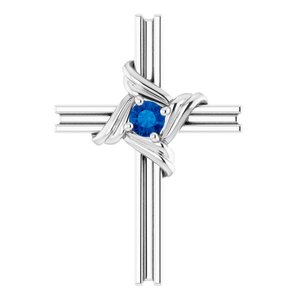 14K White Natural Blue Sapphire Cross Pendant 