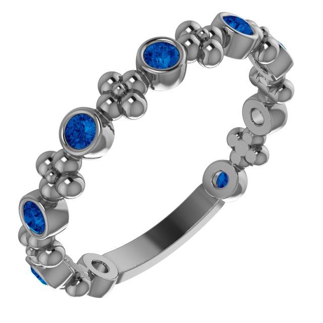 14K White Chatham® Created Blue Sapphire Beaded Ring
