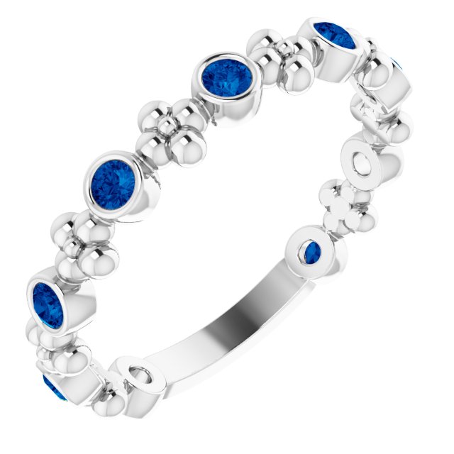 14K White Lab-Grown Blue Sapphire Beaded Ring  