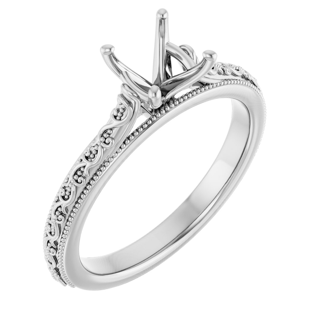 Solitaire Milgrain Engraved Engagement Ring in 18K White Gold