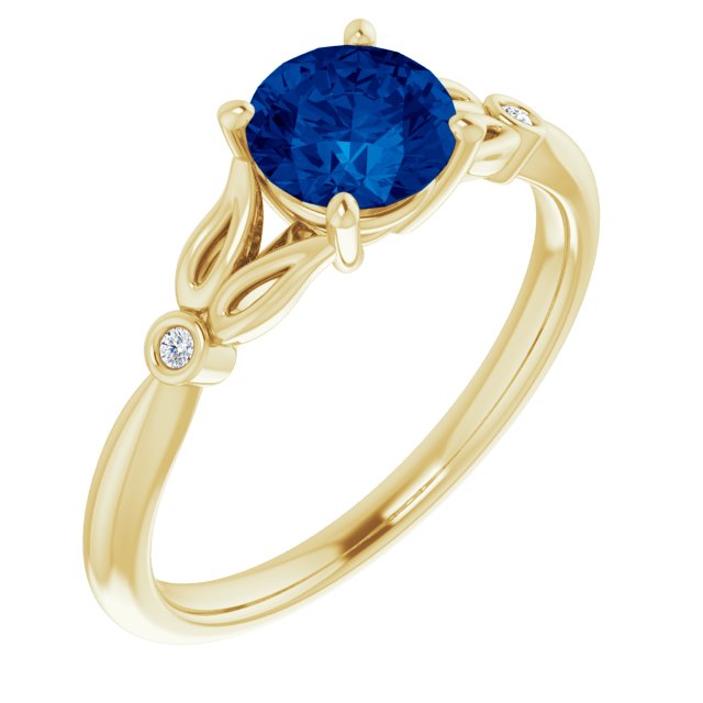 14K Yellow Lab-Grown Blue Sapphire & .02 CTW Natural Diamond Ring   