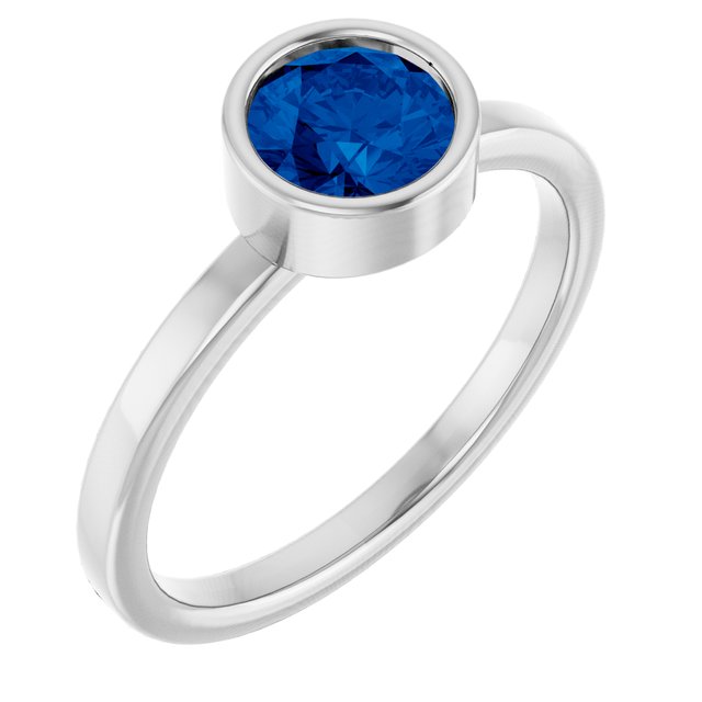 14K White 6 mm Lab-Grown Blue Sapphire Ring