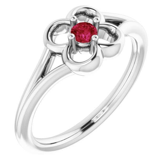 14K White Natural Ruby Youth Flower Ring