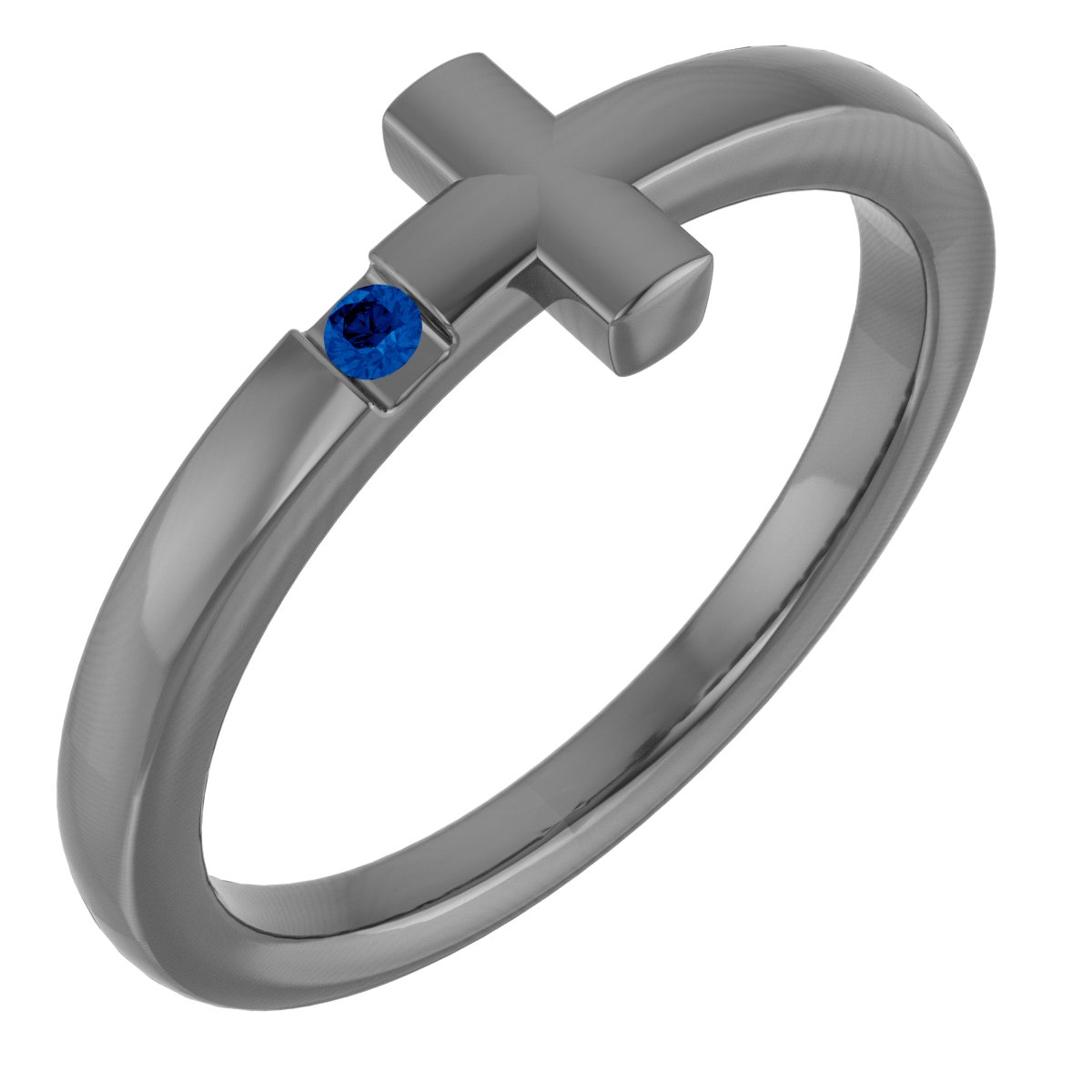 14K White Natural Blue Sapphire Youth Sideways Cross Ring