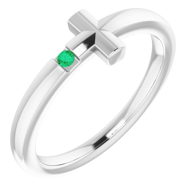 14K White Natural Emerald Youth Sideways Cross Ring