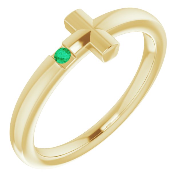 14K Yellow Natural Emerald Youth Sideways Cross Ring