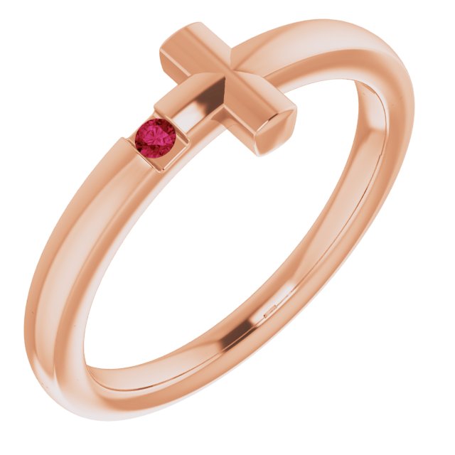 14K Rose Natural Ruby Youth Sideways Cross Ring