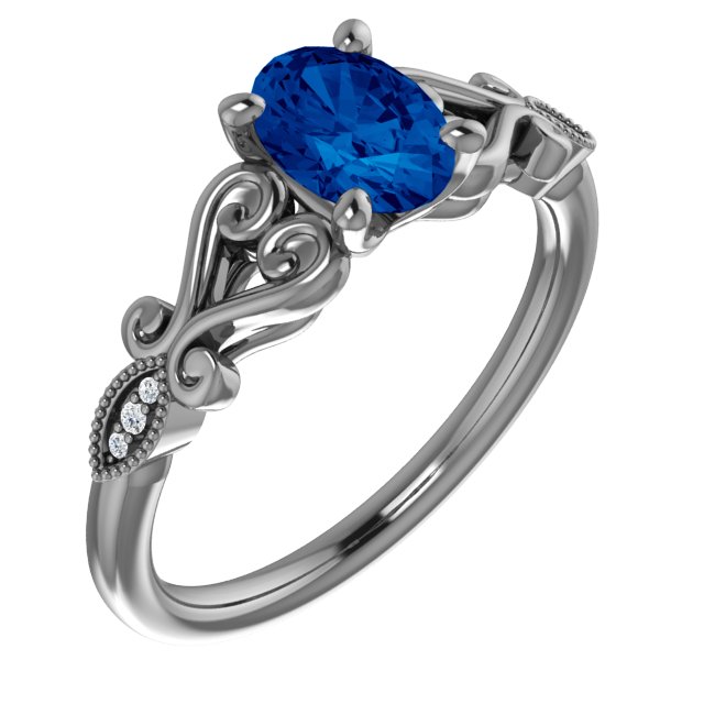14K White Lab-Grown Blue Sapphire & .02 CTW Diamond Ring