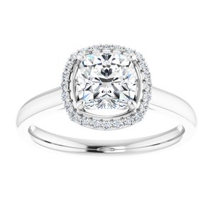 14K White 6 mm Cushion Forever Oneâ„¢ Moissanite & 1/10 CTW Diamond Engagement Ring