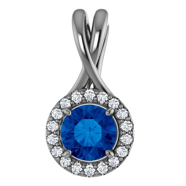 14K White Natural Blue Sapphire & 1/10 CTW Natural Diamond Pendant