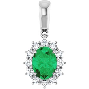 14K White Chatham® Created Emerald & 1/3 CTW Diamond Pendant 