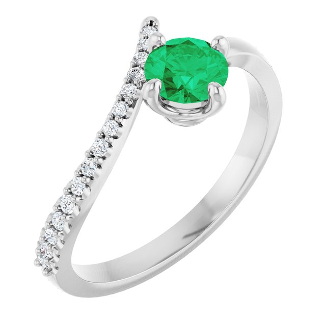 14K White Natural Emerald & 1/10 CTW Natural Diamond Bypass Ring