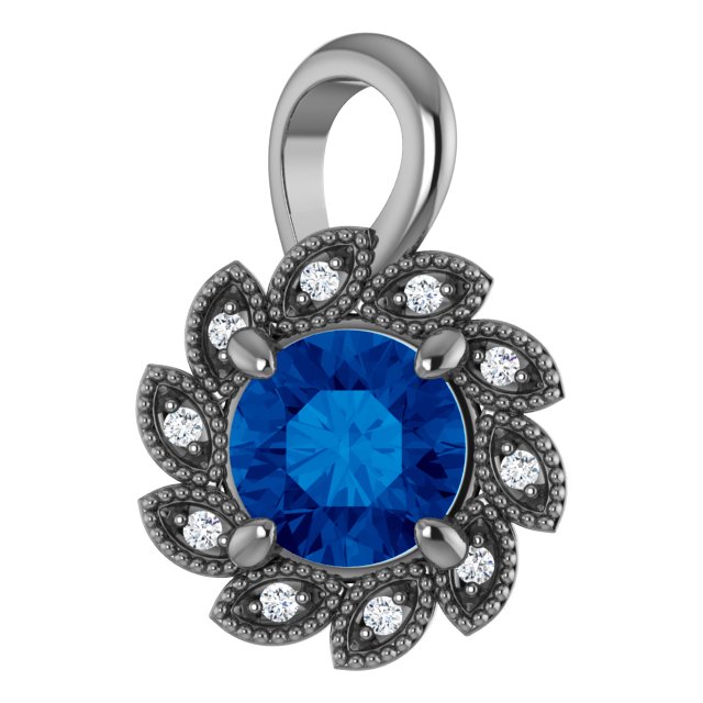 14K Yellow Chatham® Lab-Created Blue Sapphire & .04 CTW Diamond Pendant    