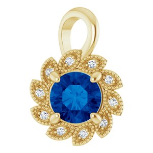 14K Yellow Chatham® Lab-Created Blue Sapphire & .04 CTW Diamond Pendant    