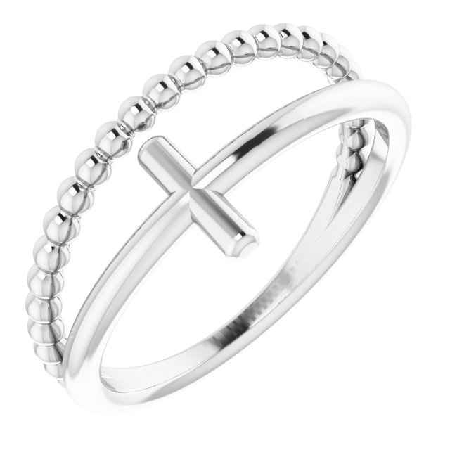 14K White Negative Space & Beaded Cross Ring 