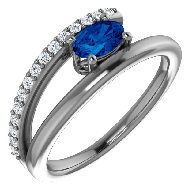 14K White Chatham® Lab-Created Blue Sapphire & 1/8 CTW Diamond Ring