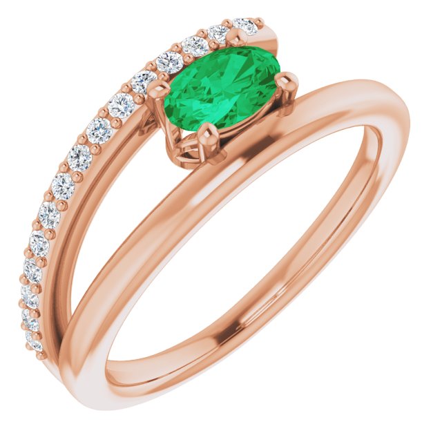 14K Rose Lab-Grown Emerald & 1/8 CTW Natural Diamond Ring