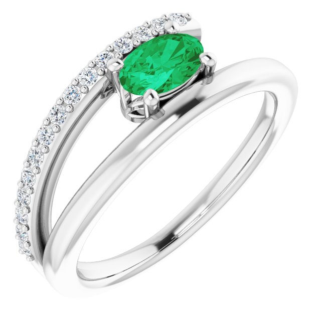 14K White Natural Emerald & 1/8 CTW Natural Diamond Ring